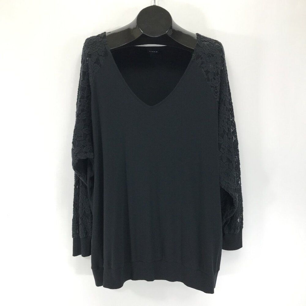 Torrid Cotton Modal Rib V-Neck Lace Long Sleeve Top Women's Plus Size 3/3X Black